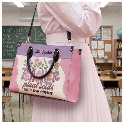 Personalized Teacher Leather Handbag Plant Seeds Floral