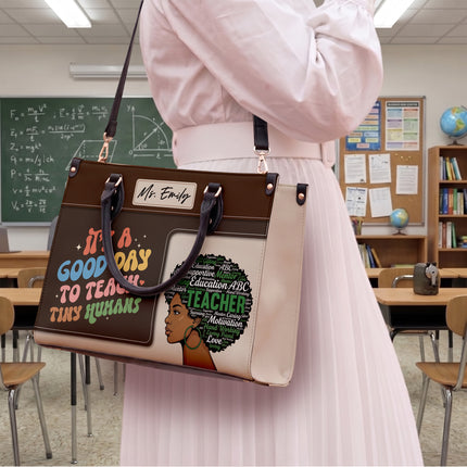 Personalized Teacher Leather Handbag Afro Word Art Tiny Humans