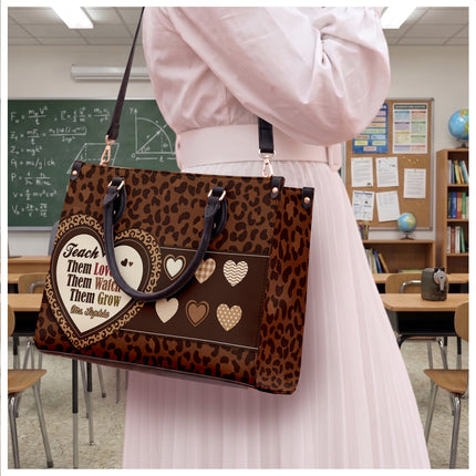 Personalized Teacher Leather Handbag Leopard Print Heart