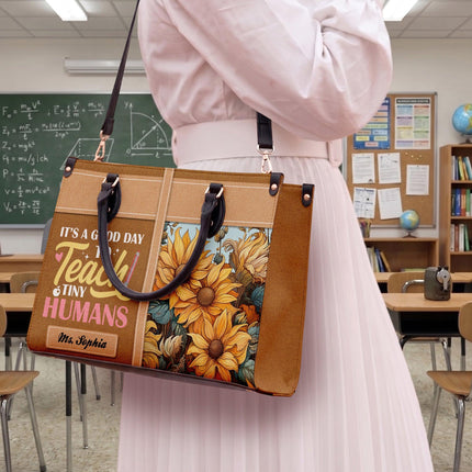 Personalized Teacher Leather Handbag Sunflower Teach Tiny Humans