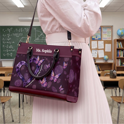 Personalized Teacher Leather Handbag Purple Gemstone Heart