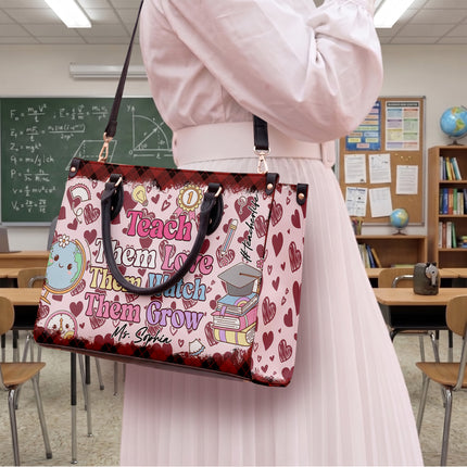 Personalized Teacher Leather Handbag Pink Plaid Hearts