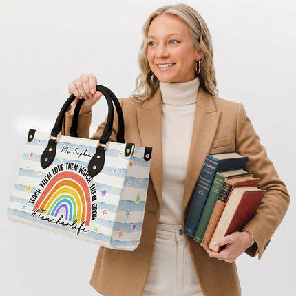 Personalized Teacher Leather Handbag Rainbow Watch Them Grow