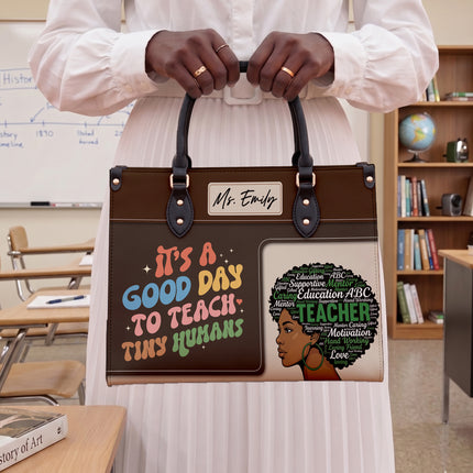 Personalized Teacher Leather Handbag Afro Word Art Tiny Humans