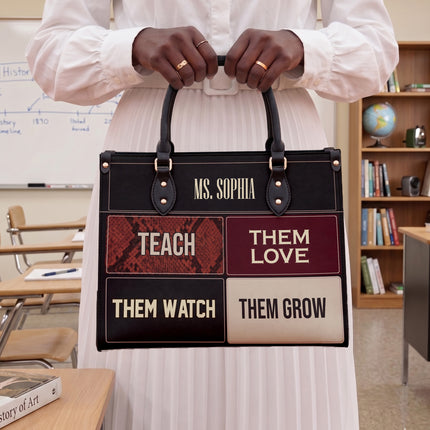Personalized Teacher Leather Handbag Color Block Teach Love