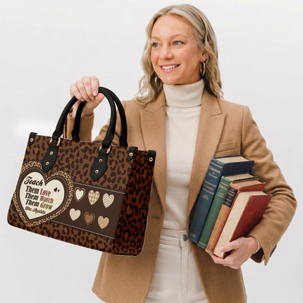Personalized Teacher Leather Handbag Leopard Print Heart