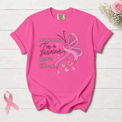 Comfort Colors Breast Cancer Awareness Survivor Pink Ribbon Butterfly Faith Hope Love T-Shirt
