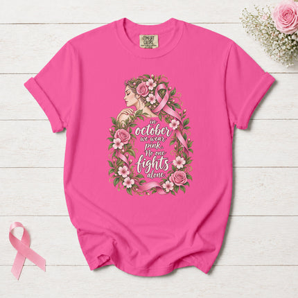 Comfort Colors Breast Cancer Awareness October Pink Ribbon Floral Support T-Shirt