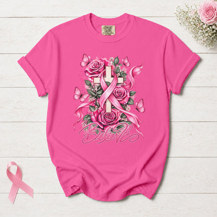 Comfort Colors Breast Cancer Awareness Believe Pink Ribbon Faith Floral T-Shirt