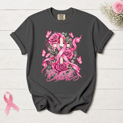 Comfort Colors Breast Cancer Awareness Believe Pink Ribbon Faith Floral T-Shirt