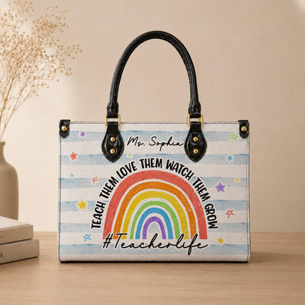 Personalized Teacher Leather Handbag Rainbow Watch Them Grow