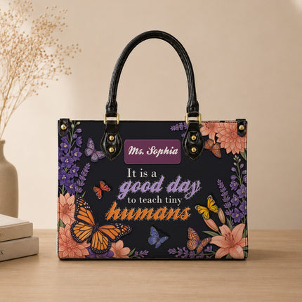 Personalized Teacher Leather Handbag Butterfly Tiny Humans