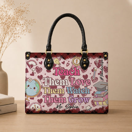 Personalized Teacher Leather Handbag Pink Plaid Hearts