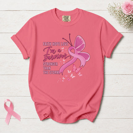 Comfort Colors Breast Cancer Awareness Survivor Pink Ribbon Butterfly Faith Hope Love T-Shirt