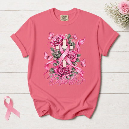 Comfort Colors Breast Cancer Awareness Believe Pink Ribbon Faith Floral T-Shirt