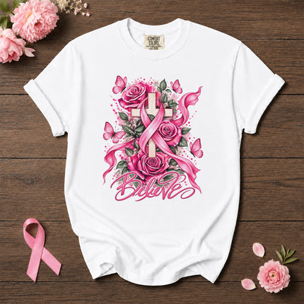 Comfort Colors Breast Cancer Awareness Believe Pink Ribbon Faith Floral T-Shirt