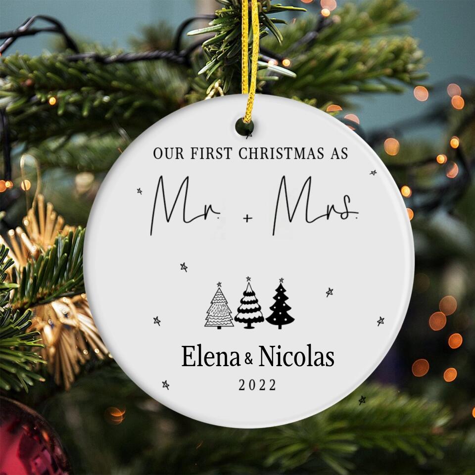 Personalized Family Ceramic Ornament Gifts - Our First Christmas as Mr + Mrs - Custom Names