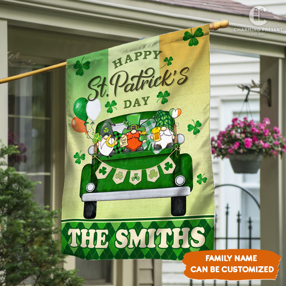 Happy St.Patricks Day Gnome - Personalized Family Name Flag