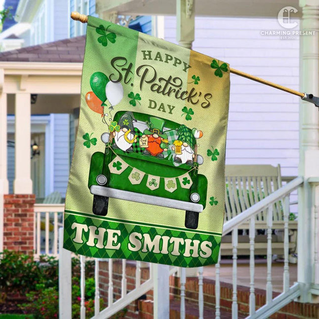 Happy St.Patricks Day Gnome - Personalized Family Name Flag - Charming Present