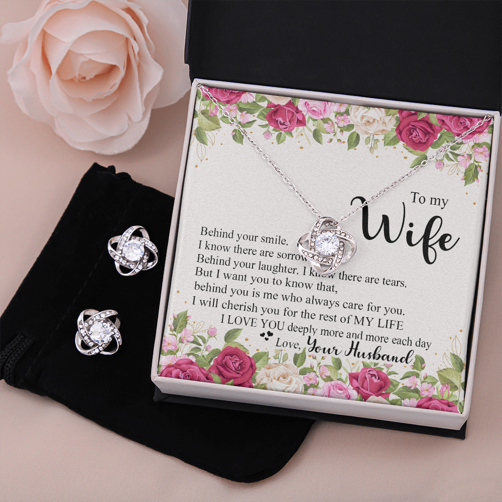 To My Wife - I Love You Deeply - Love Knot Necklace &amp; Earring Set KT13