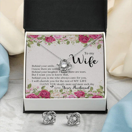To My Wife - I Love You Deeply - Love Knot Necklace & Earring Set KT13 - Charming Present