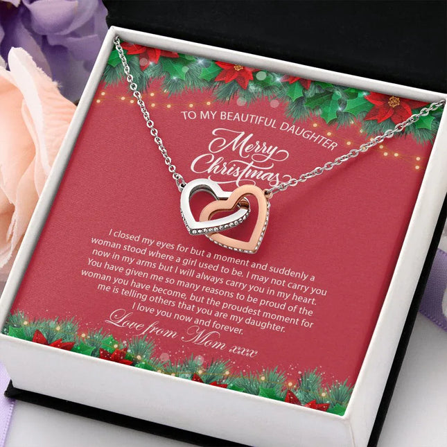 Daughter Mom - Proudest Momemt - Merry Christmas - Interlocking Hearts Necklace - Charming Present