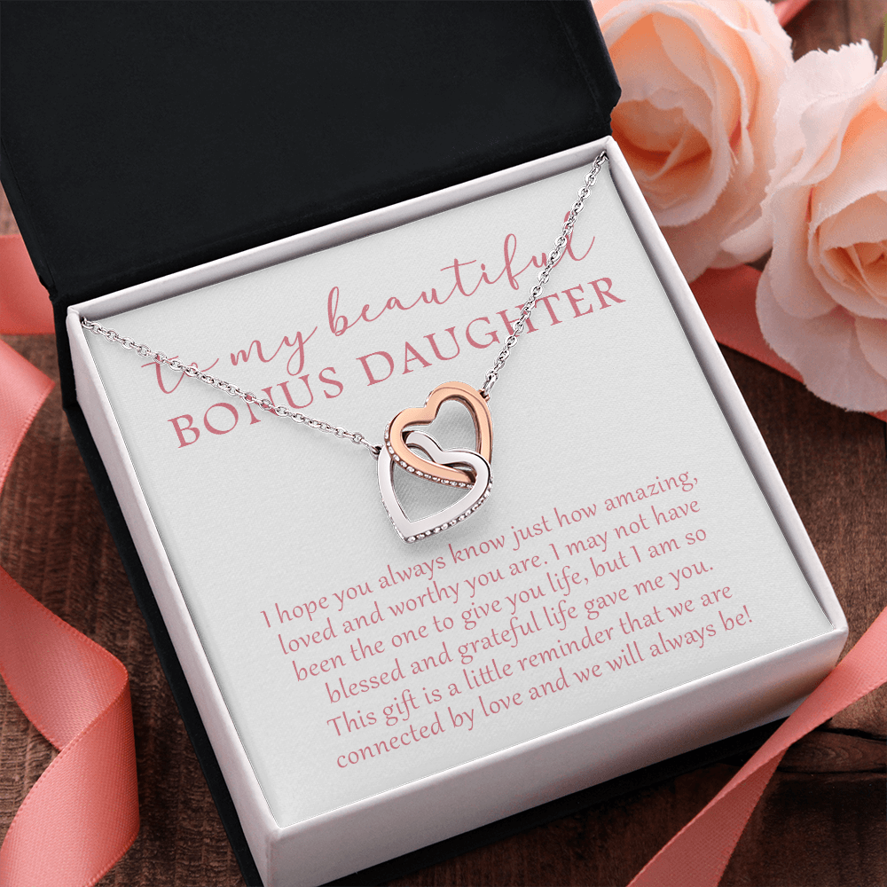 To My Beautiful Bonus Daughter - We Will Always Be - Interlocking Hearts Necklace SO174V