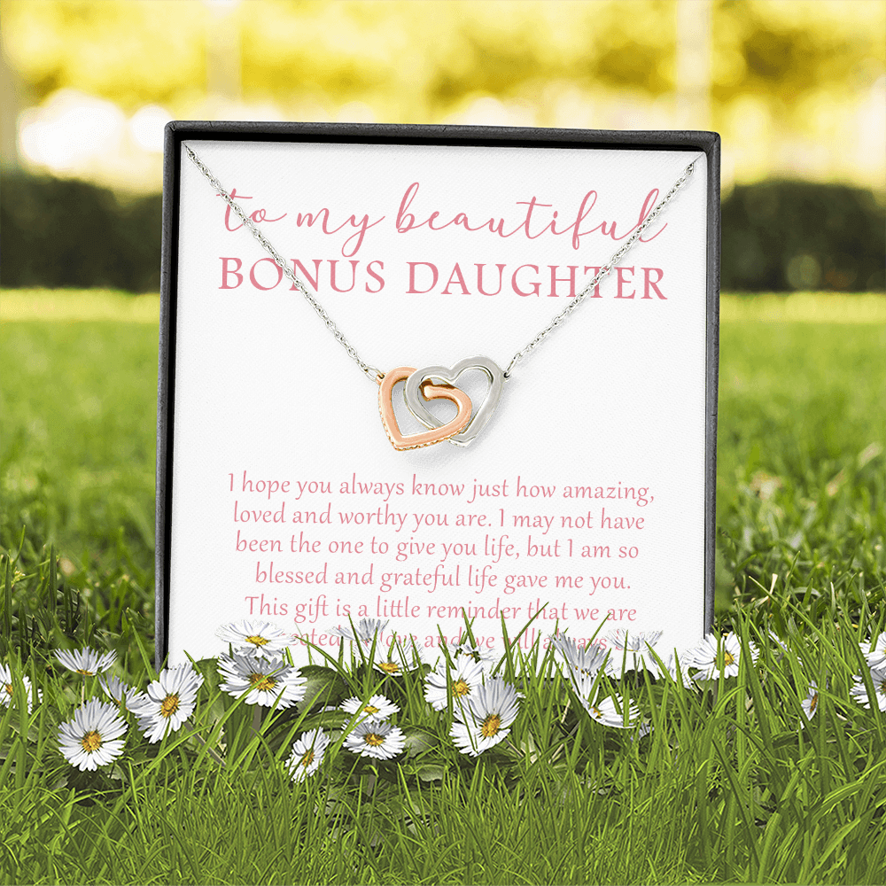 To My Beautiful Bonus Daughter - We Will Always Be - Interlocking Hearts Necklace SO174V