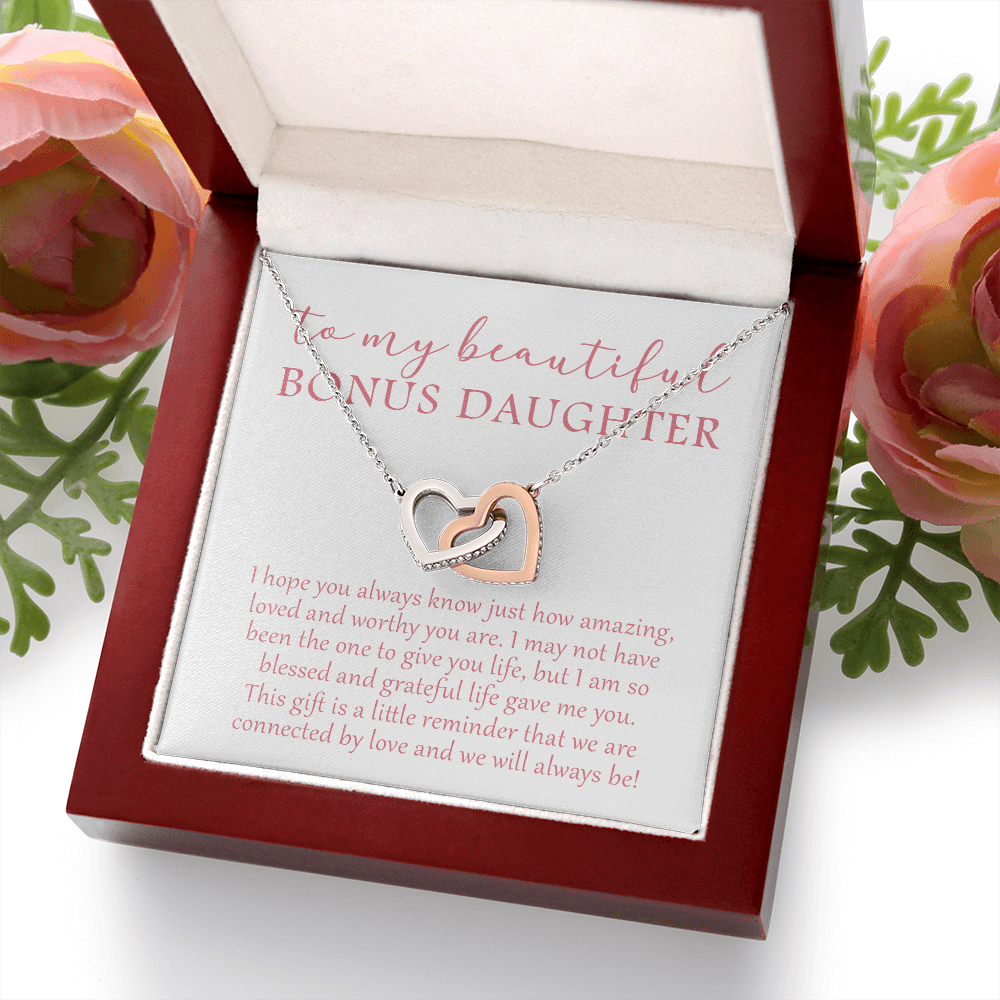 To My Beautiful Bonus Daughter - We Will Always Be - Interlocking Hearts Necklace SO174V