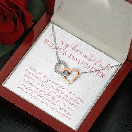 To My Beautiful Bonus Daughter - We Will Always Be - Interlocking Hearts Necklace SO174V - Charming Present